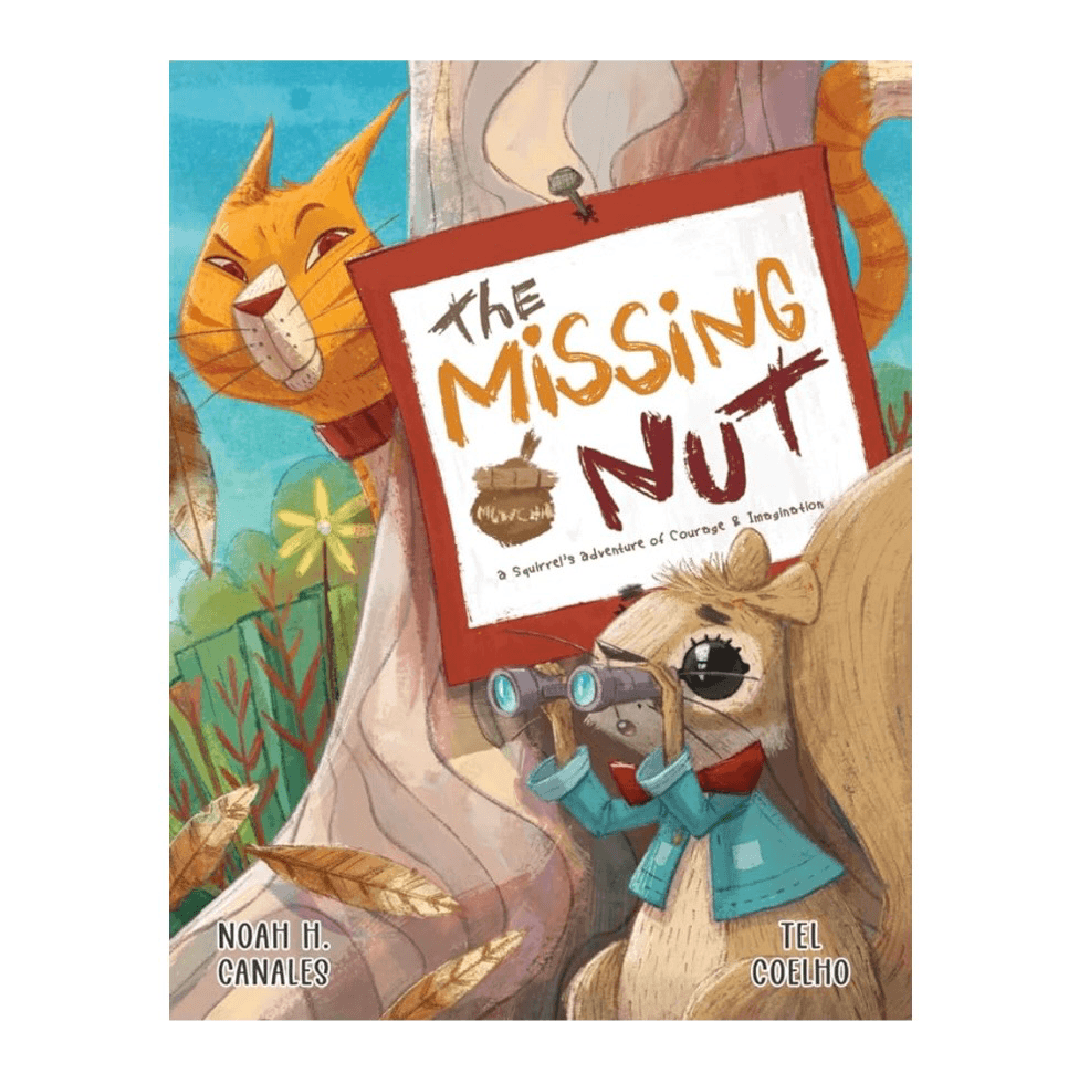 A squirrel who is looking through binoculars is being watched by a cat. Text: The Missing Nut