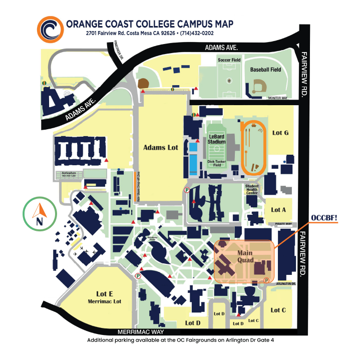 Book festival location on map of Orange Coast College campus.