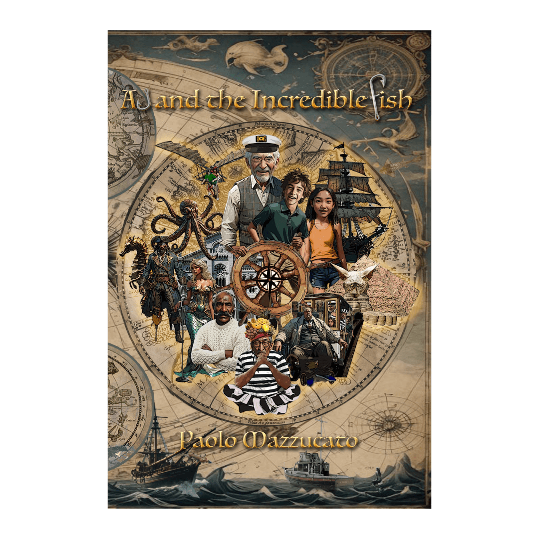 Boy and girl on a nautical adventure with his grandpa and a collage of characters. Text: AJ and the Incredible Fish