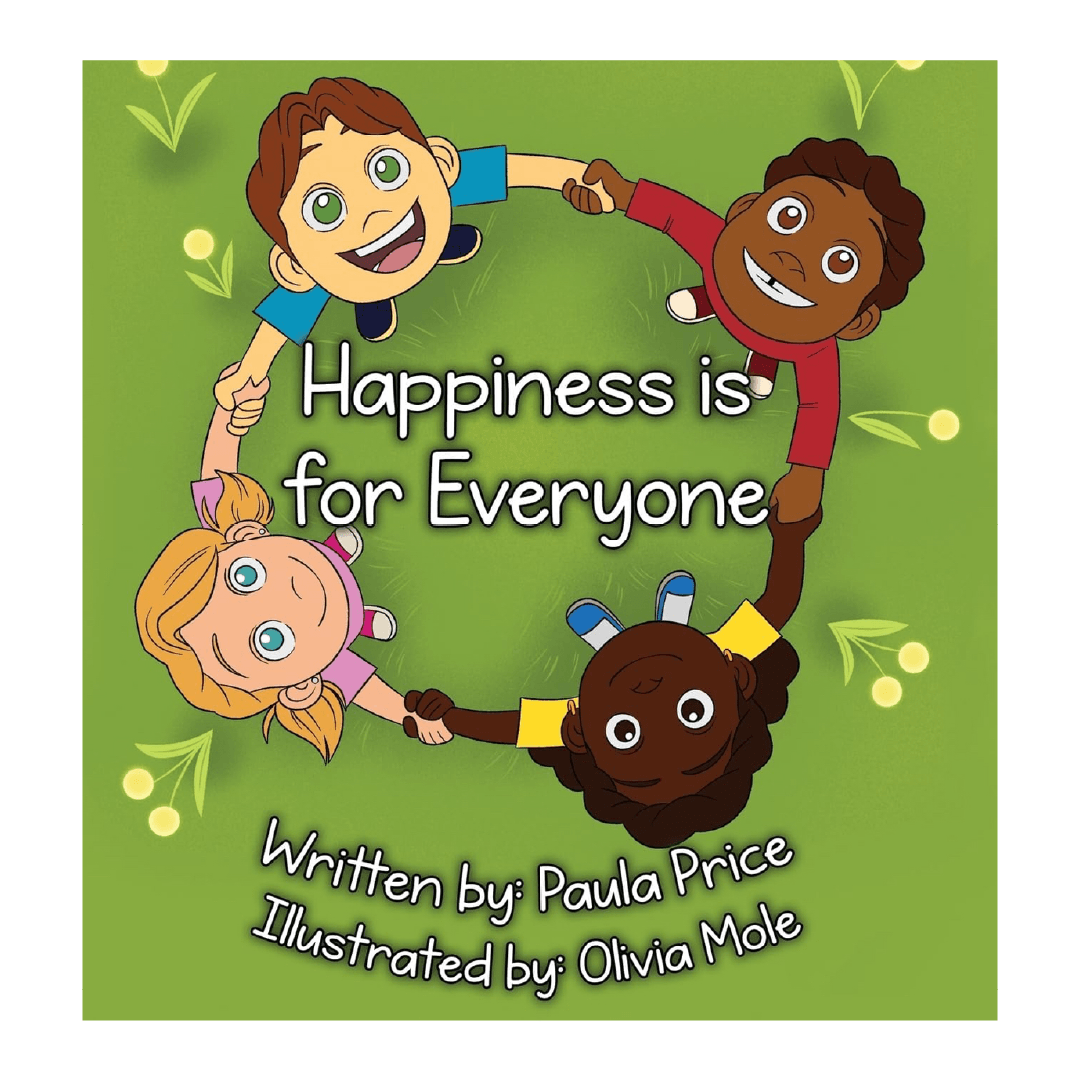 Four diverse children holding hands in a circle. Text: Happiness is for everyone.