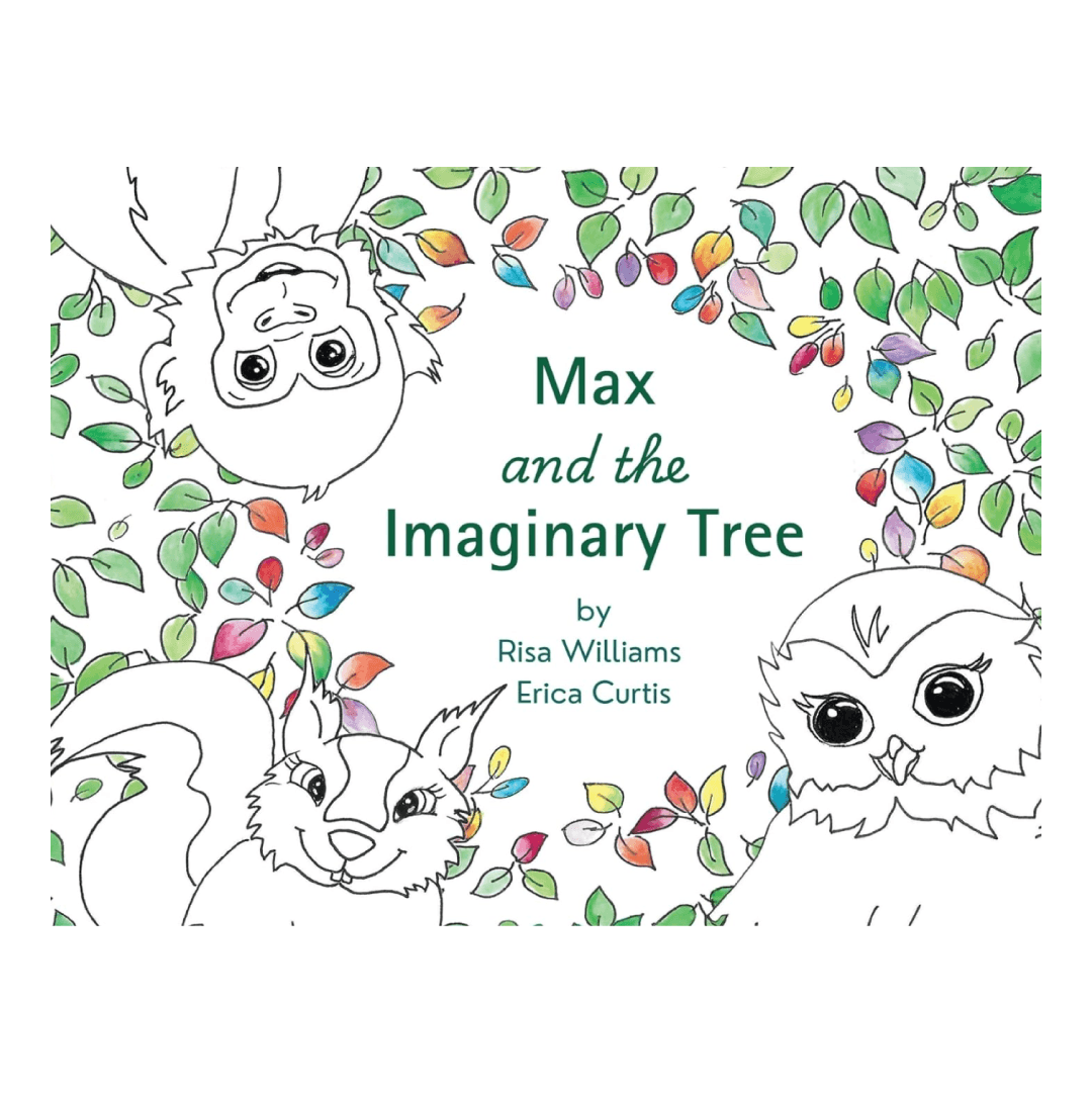 Owl, monkey, and squirrel surrounded by colorful leaves. Text: Max and the Imaginary Tree