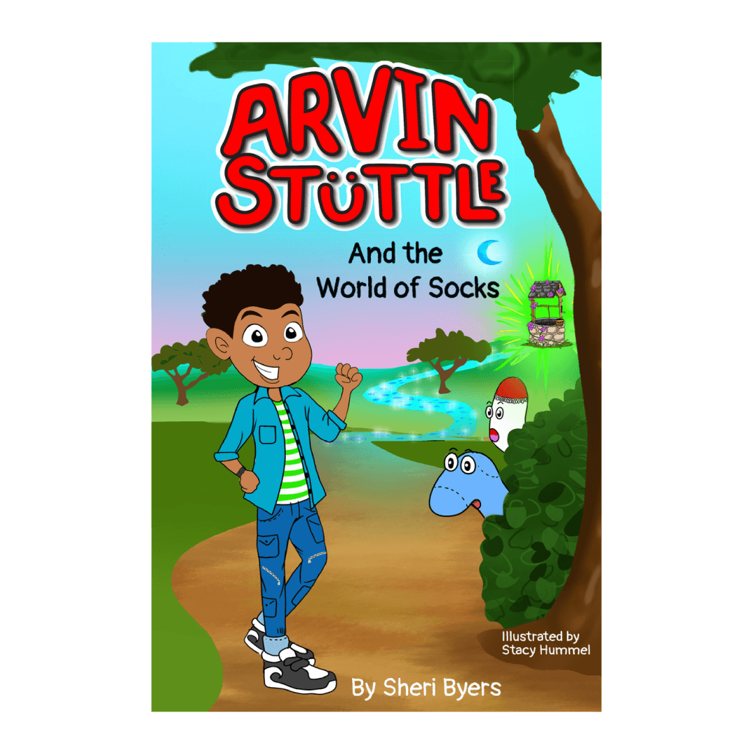 A boy is on a magical path with two mismatched sock characters in a bush. Text: Arvin Stüttle And the World of Socks