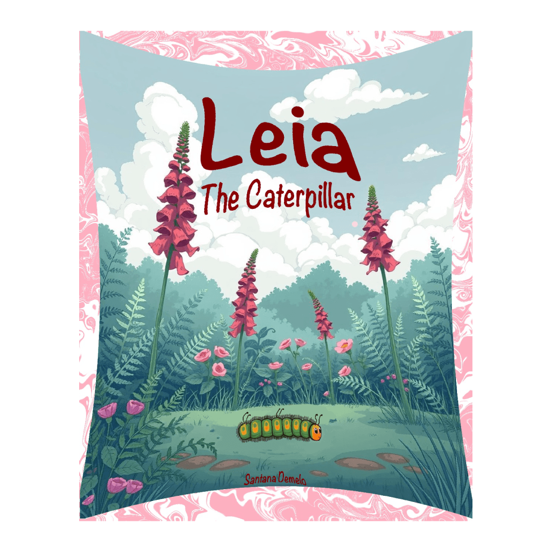 Caterpillar moving in a garden. Text: Leia The Caterpillar