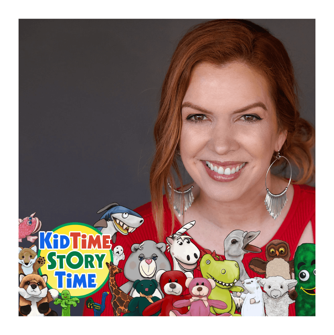 StoryTeller with her colorful puppet cast. Text: KidTime StoryTime