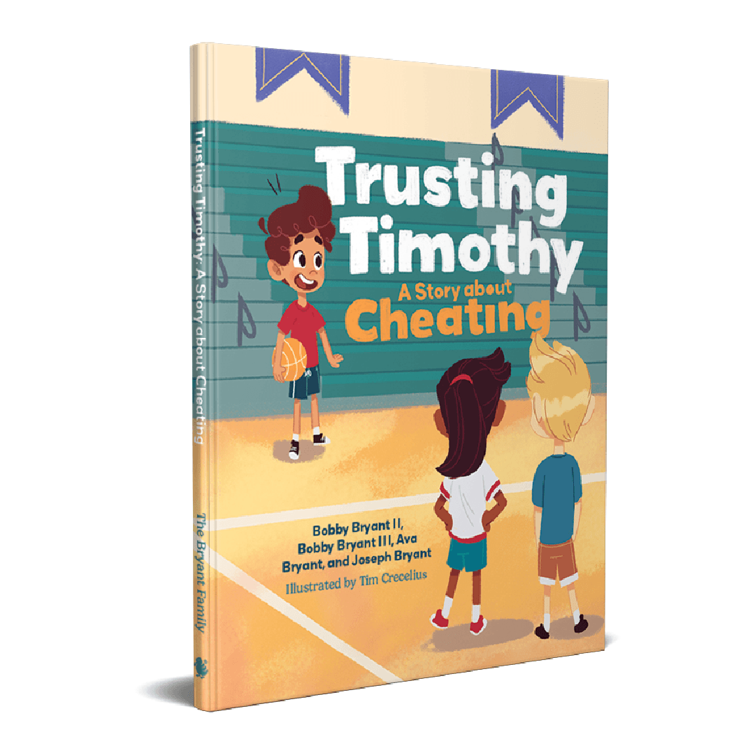 A boy holding a basketball in the school auditorium with two other kids. Text: Trusting Timothy. A Story about Cheating