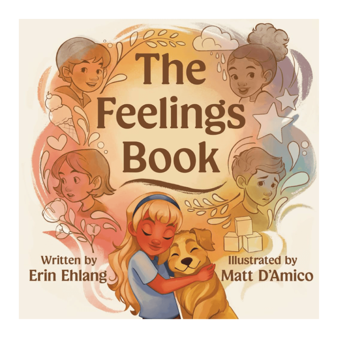 Girl hugging a dog and for other expressive faces. Text: The Feelings Book