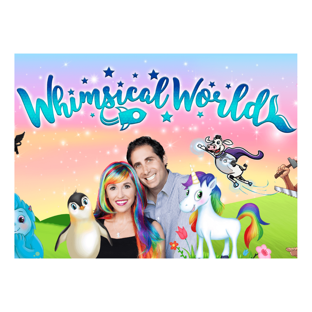 Whimsical World logo with two founders and some illustrated characters