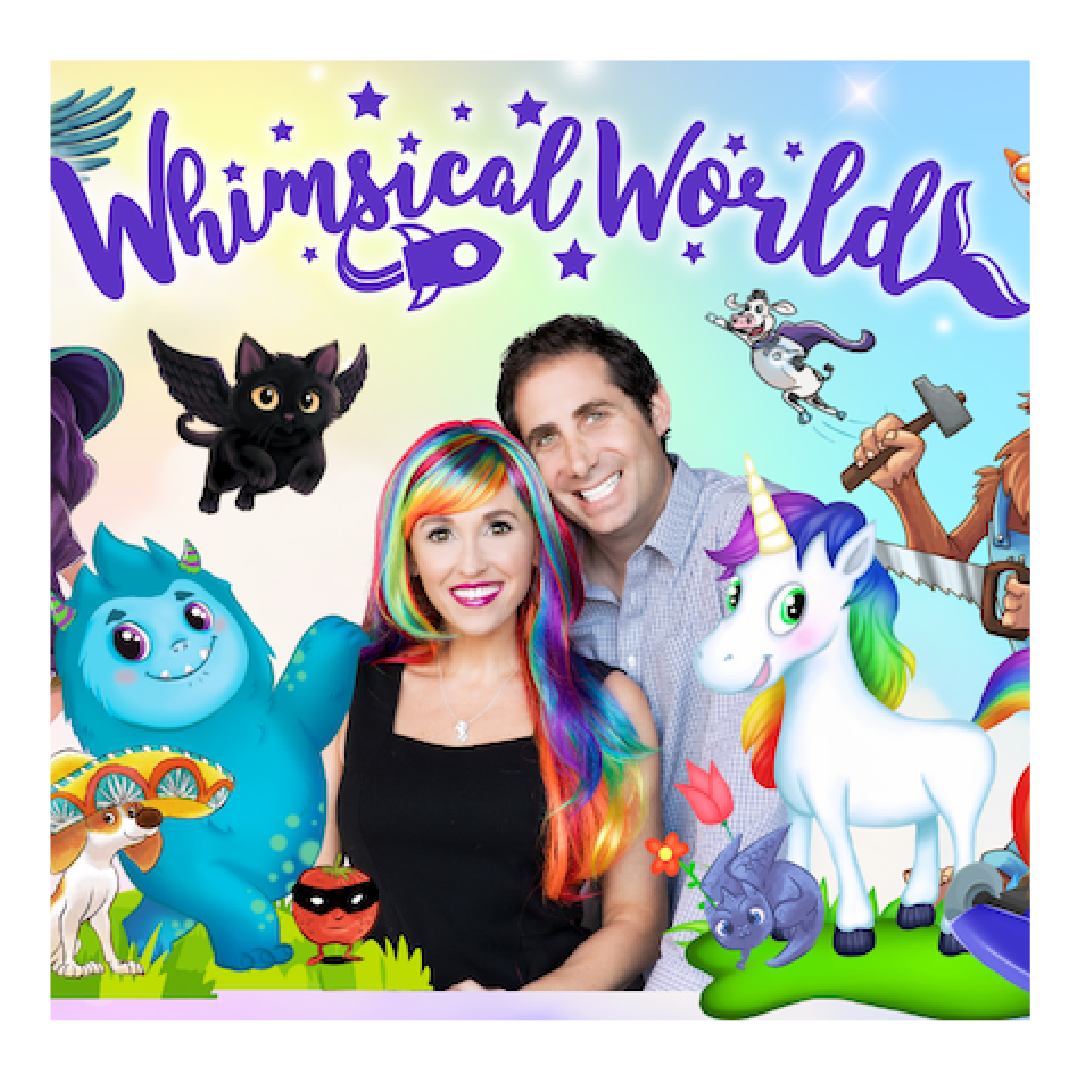 Whimsical World logo with two founders and some illustrated characters