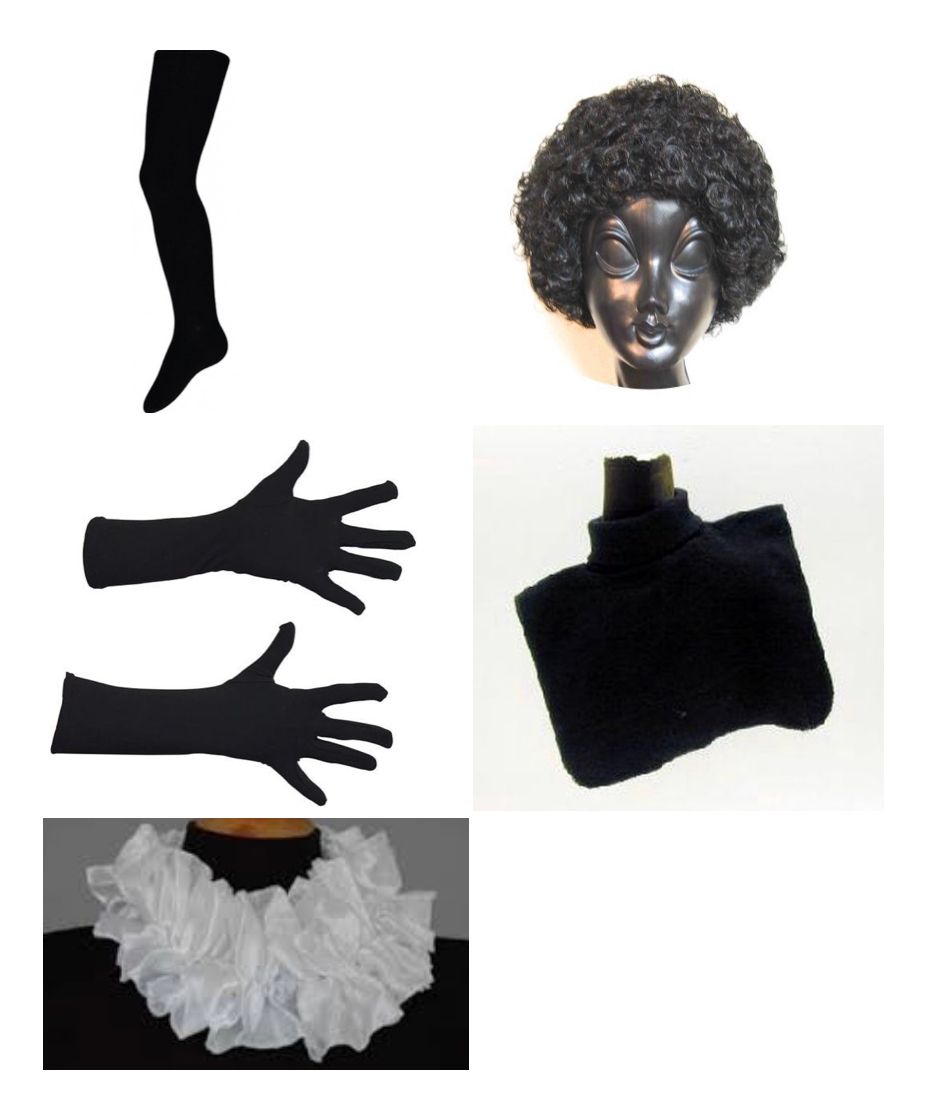 Collage van zwarte modeaccessoires: been, handschoenen, pruik, zwarte top en witte kraag met ruches.