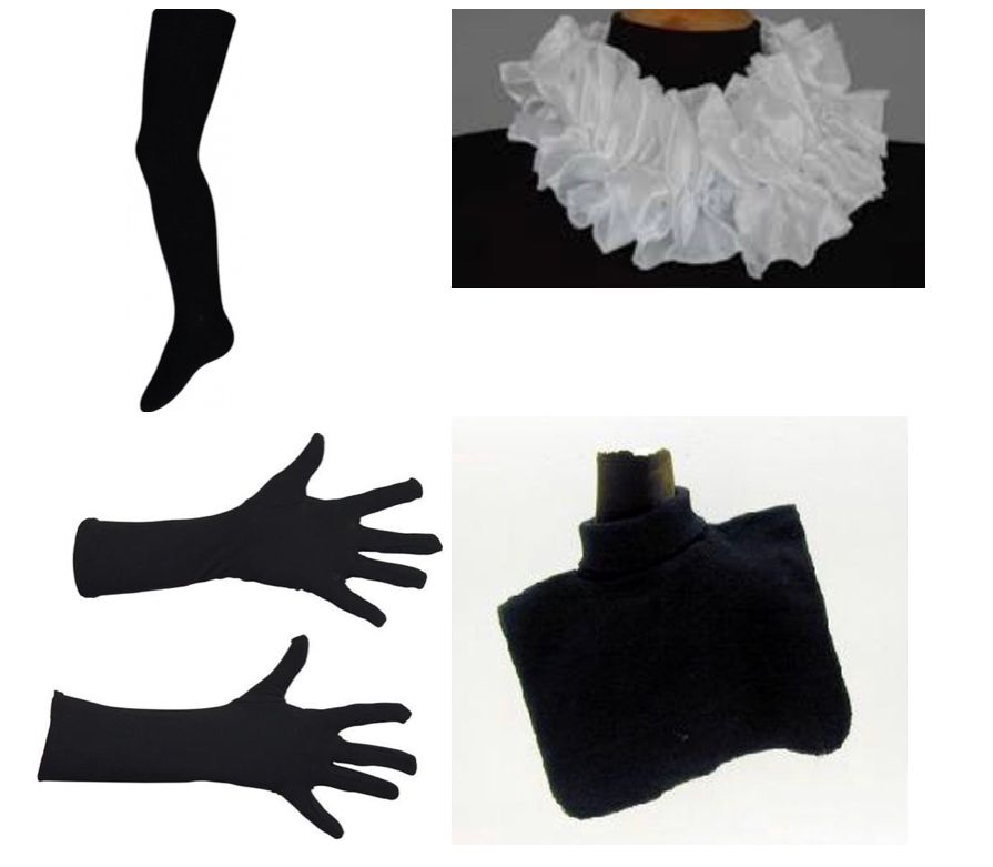 Zwarte panty, zwarte handschoenen en een zwarte coltrui met een witte gegolfde kraag.