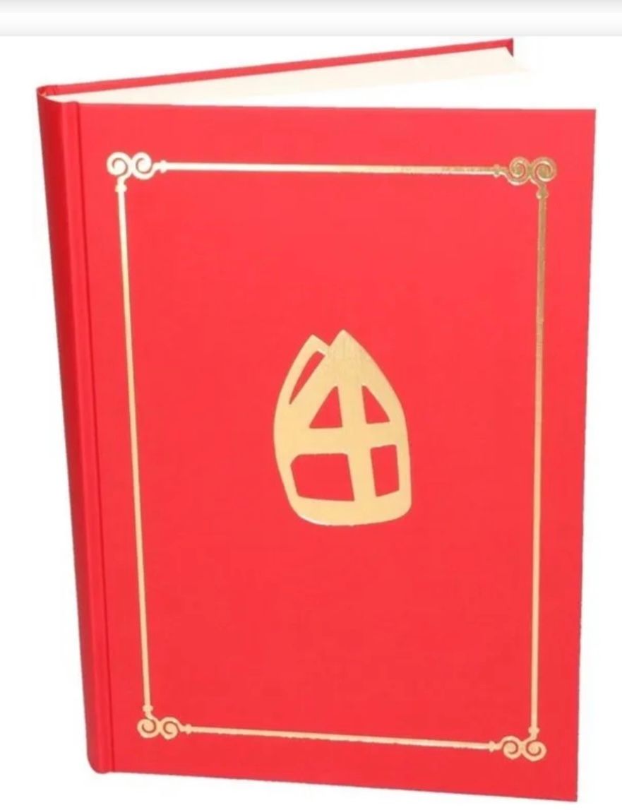 Rode boekomslag met gouden rand en decoratief gouden embleem op de voorkant.