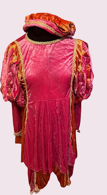 Roze fluwelen kostuum met gouden bies en ruchesmouwen, van achteren gezien op een effen achtergrond.