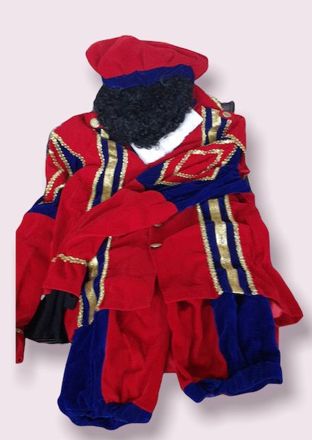 Rood en blauw narrenkostuum met bijpassende hoed, afgebeeld tegen een lichte achtergrond.