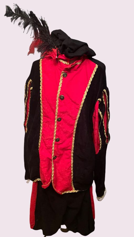 Zwart-rood narrenkostuum met gouden versiering en gevederde hoed op een effen achtergrond.