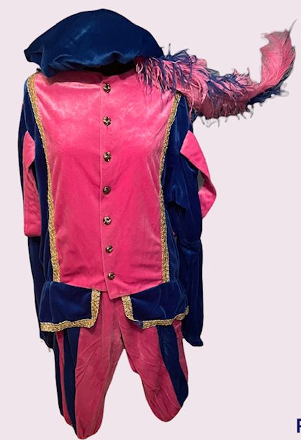 Roze en marineblauwe outfit met gevederde hoed en gouden versiering, afgebeeld tegen een effen achtergrond.