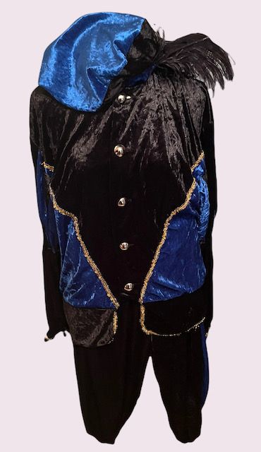 Zwart-blauw narrenkostuum met gevederde hoed en lange mouwen, afgebeeld tegen een effen achtergrond.