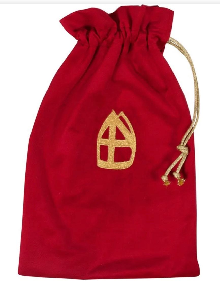 Rood buideltje met trekkoord en een gouden embleem aan de voorkant.