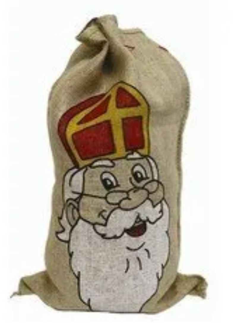 Cadeauzak van jute met een cartoongezicht van de kerstman en een rood-gouden muts.