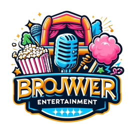 Kleurrijk logo voor Browwer Entertainment met microfoon, popcorn, toneelgordijnen en muzieknoten.