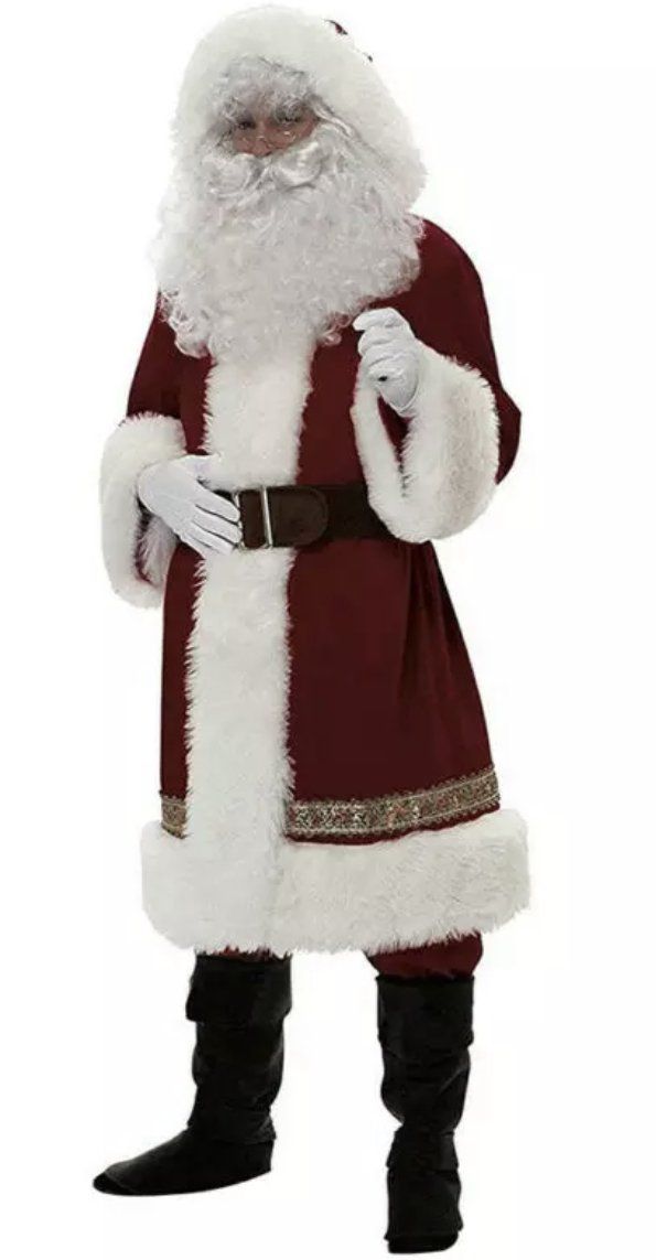 De Kerstman in een rood-wit pak, staand met zijn handen omhoog.