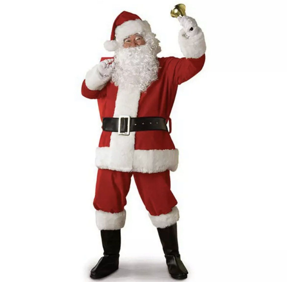 De Kerstman in een rood pak met een bel in zijn hand staat op een witte achtergrond.