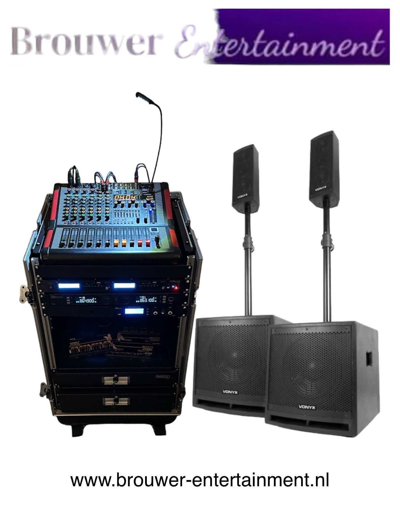 Reclame van Brouwer Entertainment met audiomixer, luidsprekers en website-URL op een witte achtergrond.