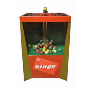 Bingo-spelautomaat met kleurrijke ballen erin, oranje en groene kast met een bingo-logo aan de voorkant.