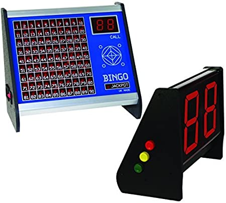 Blauw bingodisplay met rode led-cijfers en een apart zwart display voor de afstandsbediening met indicatielampjes.