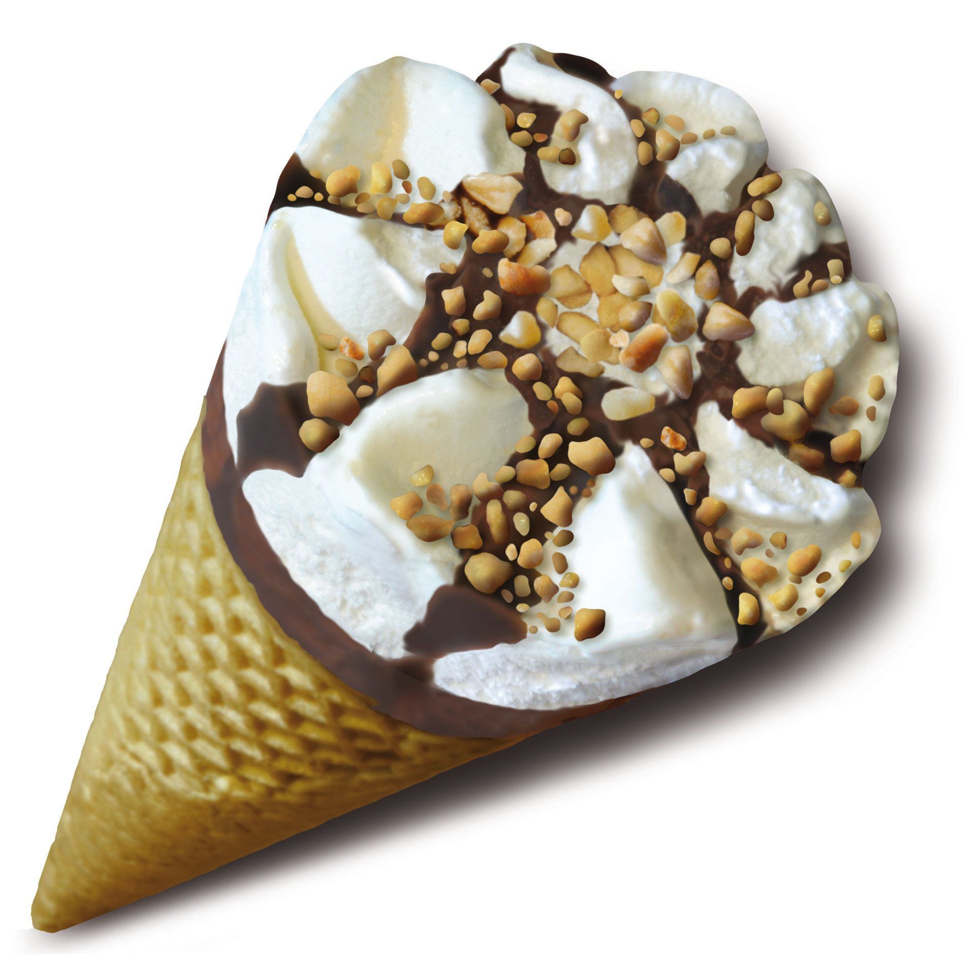 Een ijshoorntje met witte bolletjes ijs, chocoladesaus en gehakte noten.