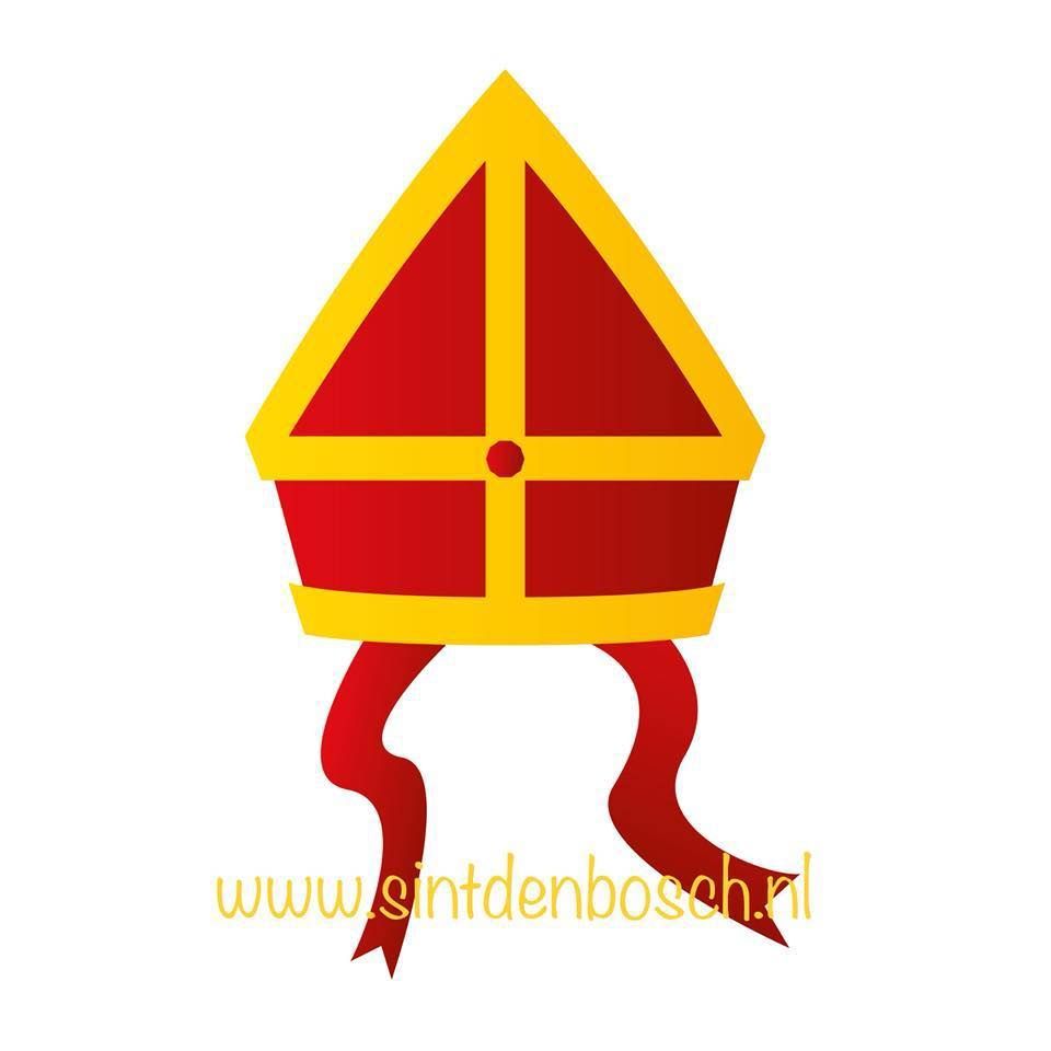 Rode en gele bisschopsmijter met hangende linten, gecentreerd op een witte achtergrond.