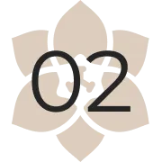 Black O2 text over a beige flower-shaped logo on a white background