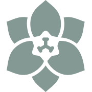 Gray-green geometric flower logo with five petals and a small central symbol