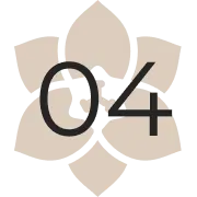 Beige flower icon with the number 04 in dark gray centered on it