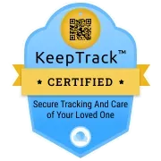 KeepTrack certified badge with QR code and Secure Tracking And Care of Your Loved One text