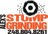 Alex's Stump Grinding logo with orange text and a black and white nut grinding. Phone number: 248.804.8261