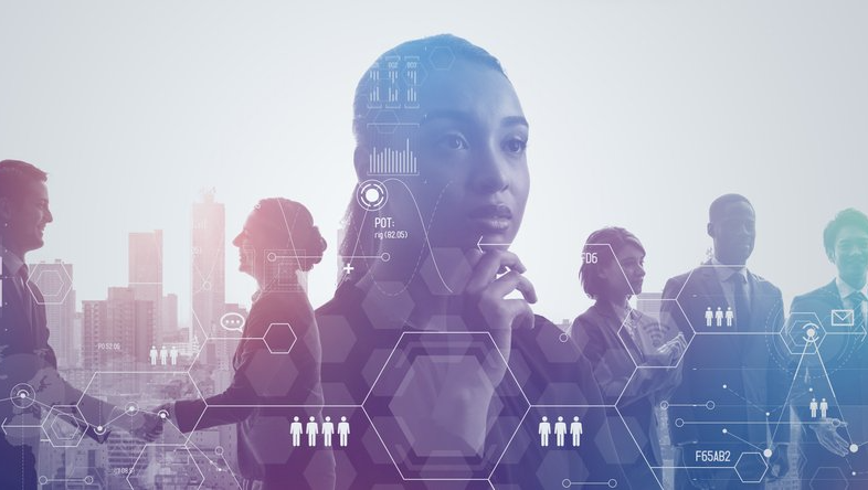 business men and women in technological environment