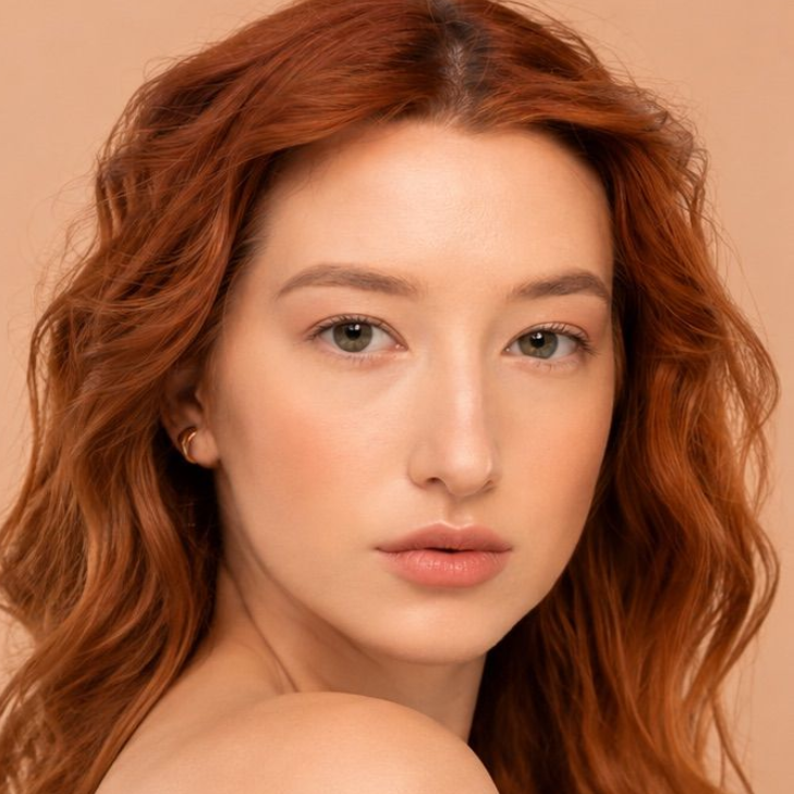 Close-up portrait of a red-haired person against a soft peach background, looking calmly at the camera