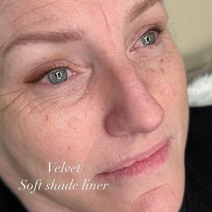 Close-up of a woman’s face with soft eyeliner and the words “Velvet Soft shade liner” overlaid