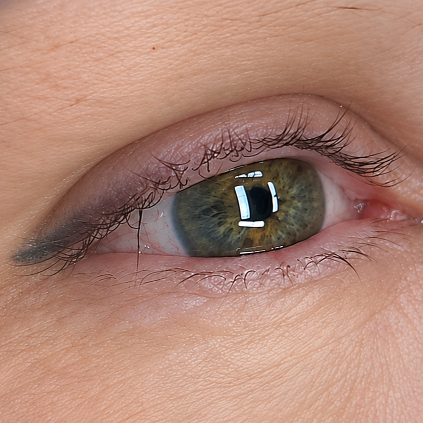 Close-up of a green eye with a bright reflection and natural eyelashes.