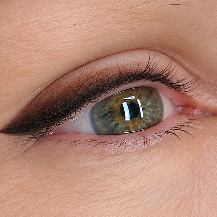 Close-up of a green hazel eye with dark eyeliner and natural skin tones