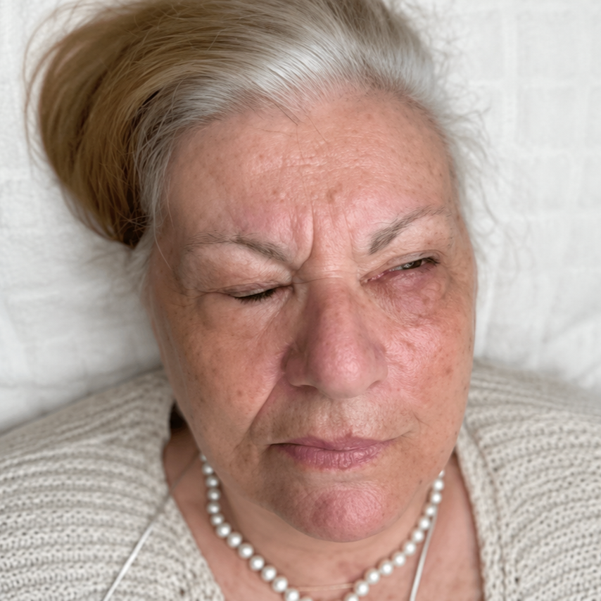 Older adult resting on a pillow, wearing a pearl necklace, with eyes closed and a tired expression