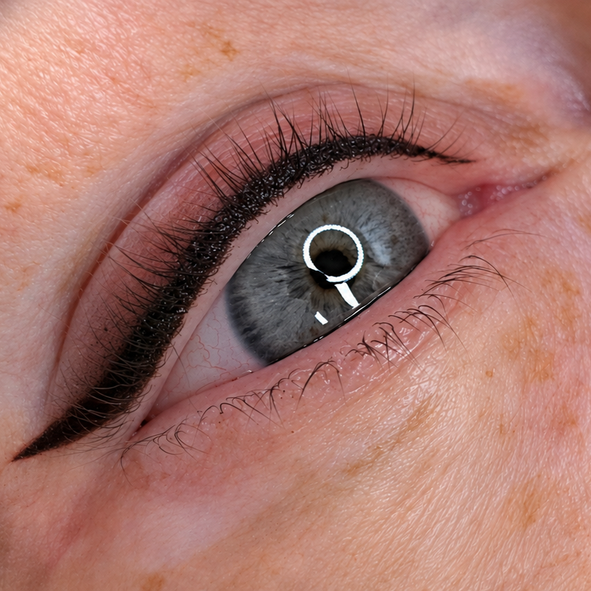 Close-up of a blue-gray eye with a ring light reflection and long dark eyelashes