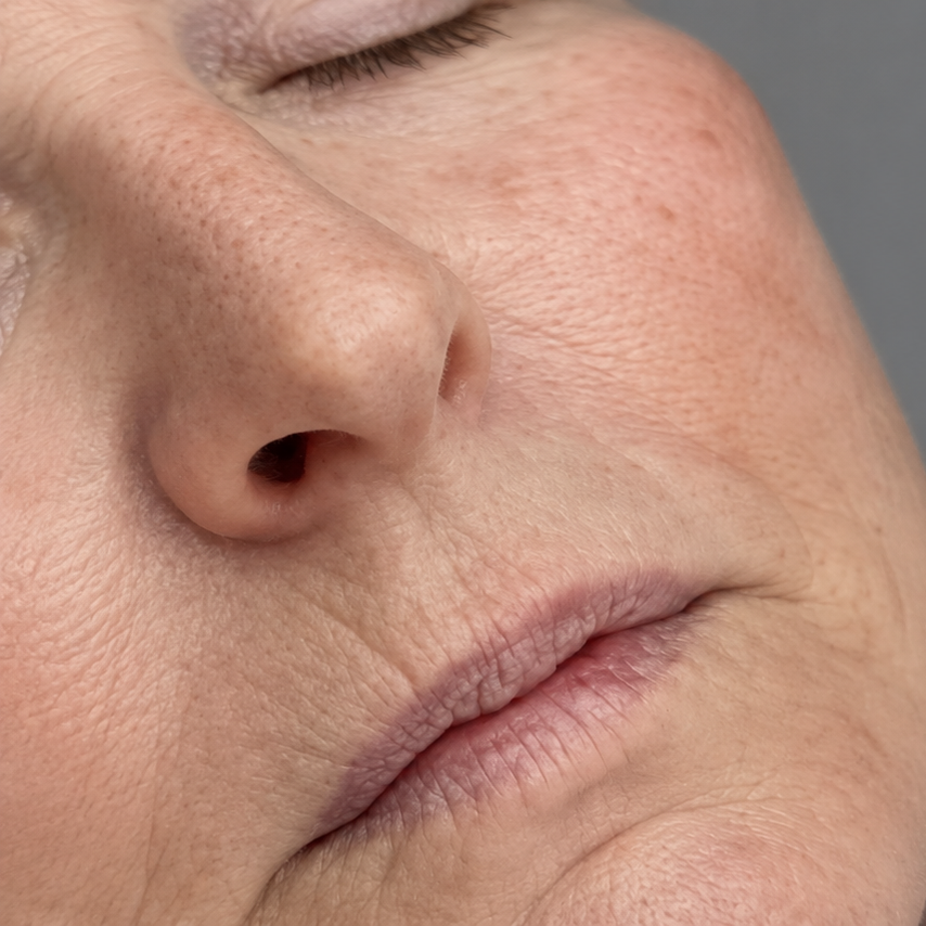 Close-up of a closed eye, nose, and lips on a person’s face, softly lit against a gray background