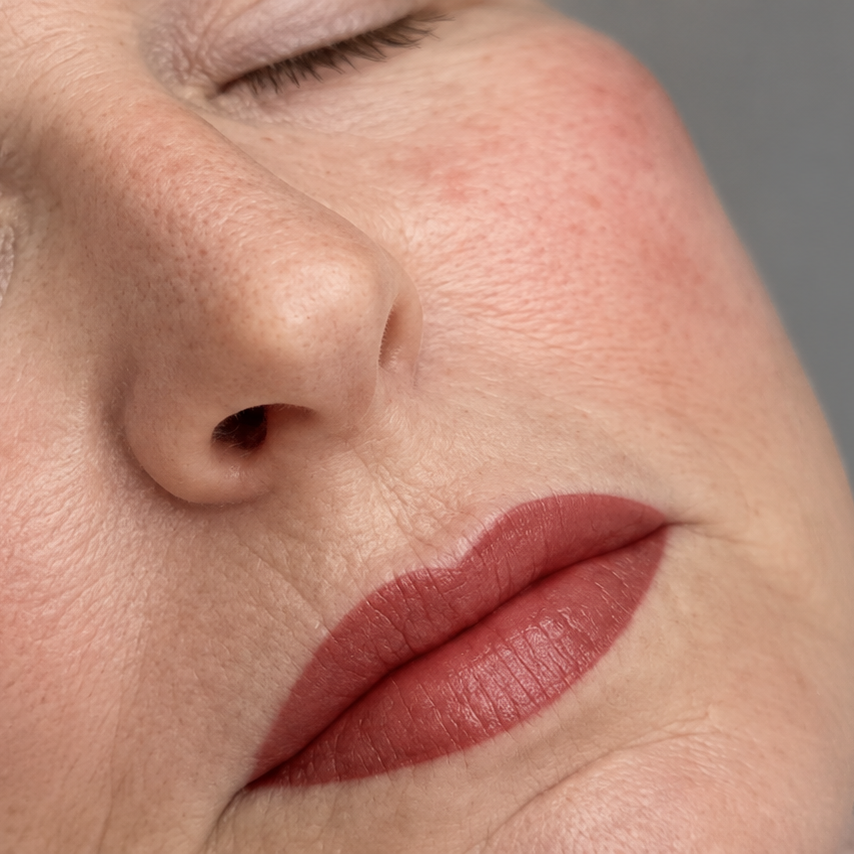 Close-up of a person’s face with closed eyes and natural pink lipstick