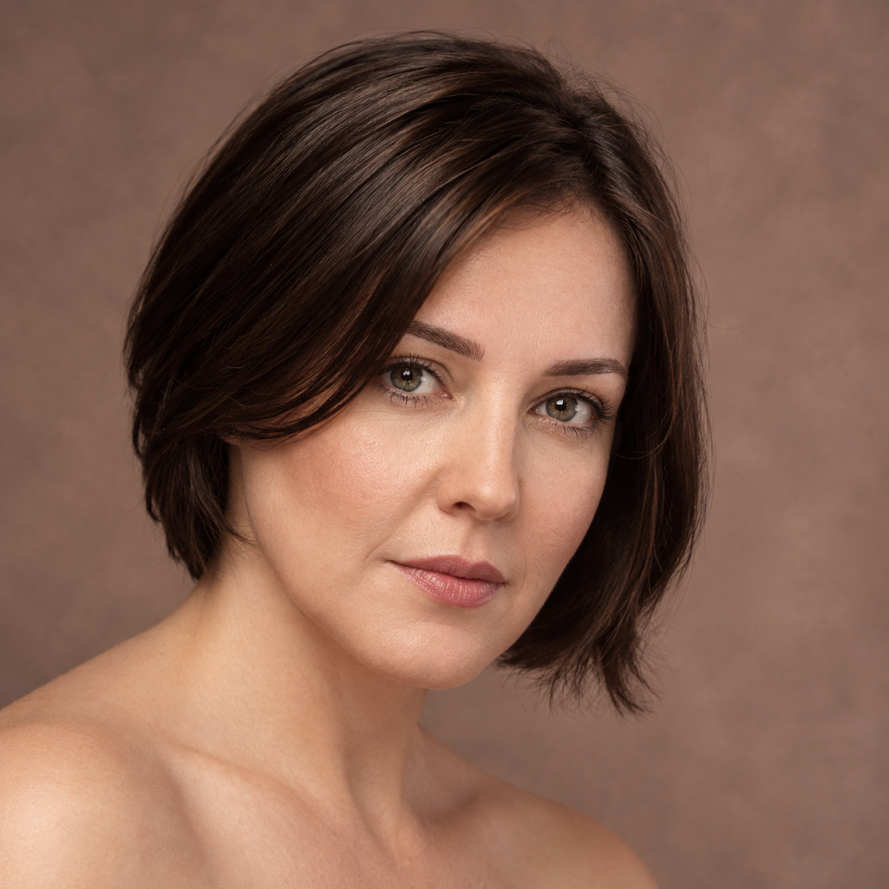Portrait of a woman with short brown hair against a soft brown studio backdrop