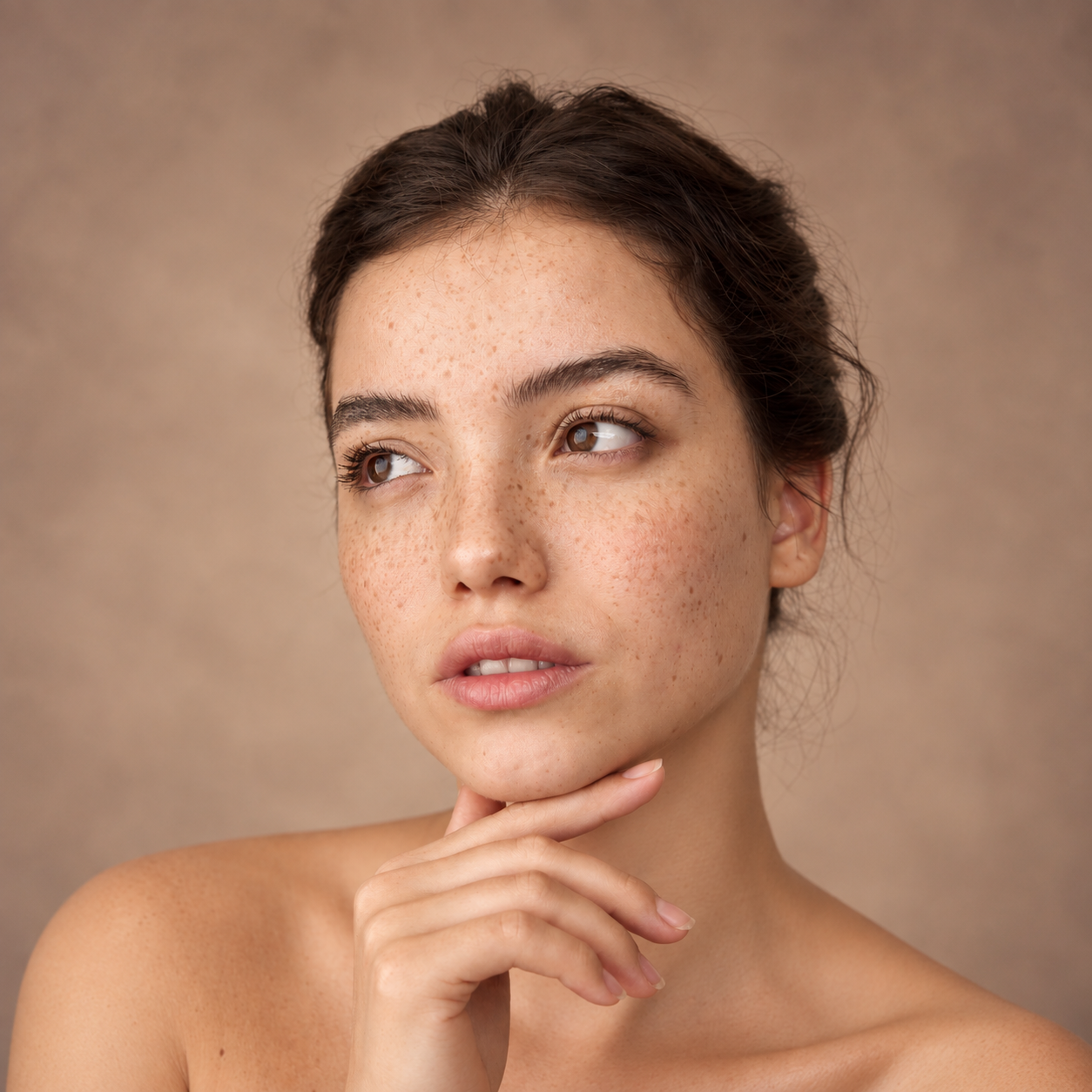 Portrait of a person with dark hair, resting chin on hand against a neutral beige background