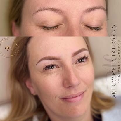 Before-and-after close-up of eyebrow cosmetic tattooing on a smiling woman, showing natural brows and filled-in brows