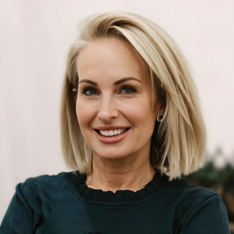 Smiling blonde woman in a dark green top against a soft outdoor background