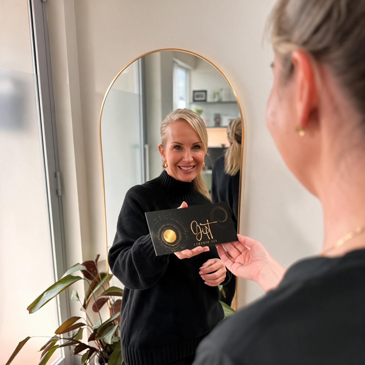 Woman in black holding a black card with gold lettering in a mirror by a bright window