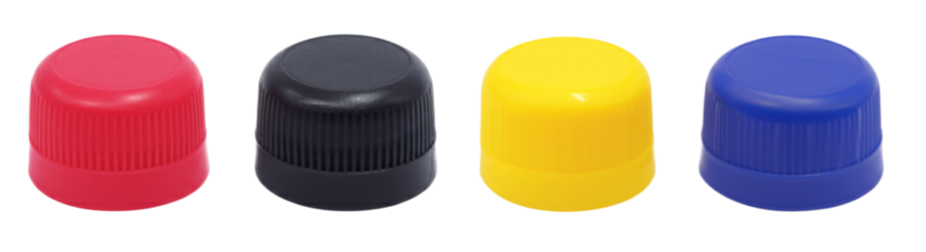 Four colorful bottle caps: red, black, yellow, and blue.